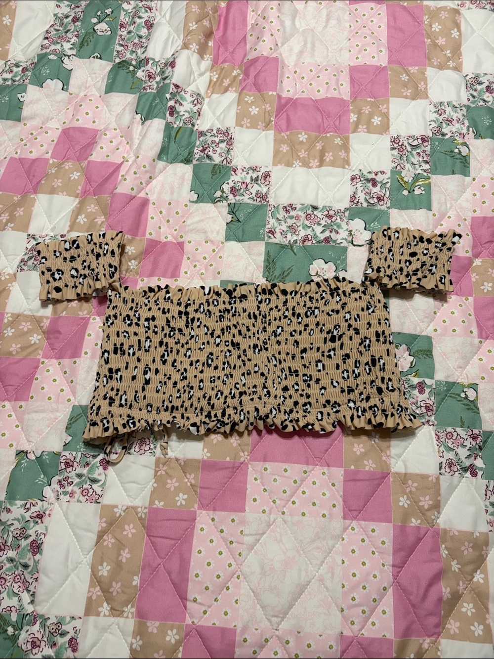 Xhilaration Tan and Black Smocked Off-Shoulder Bikini Top
